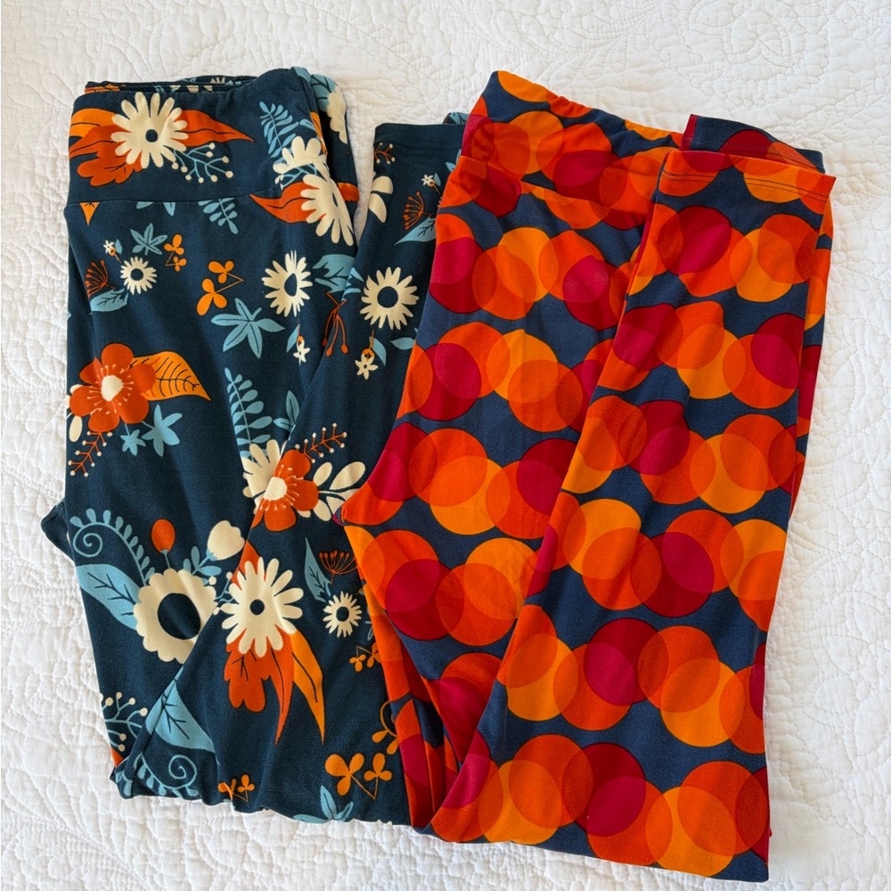 LuLaRoe Floral and Wave Patterned Leggings - Blue and Orange